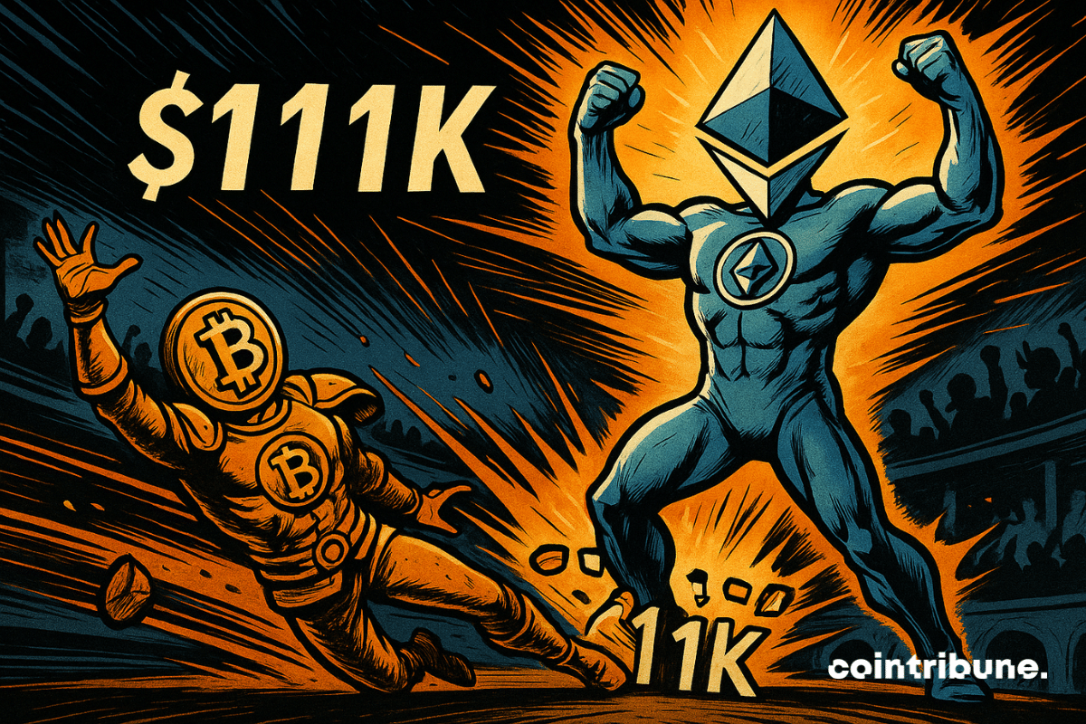Un Ethereum triunfante sube mientras un Bitcoin en pánico cae, rodeado de siluetas de operadores, un ambiente dramático y dinámico.