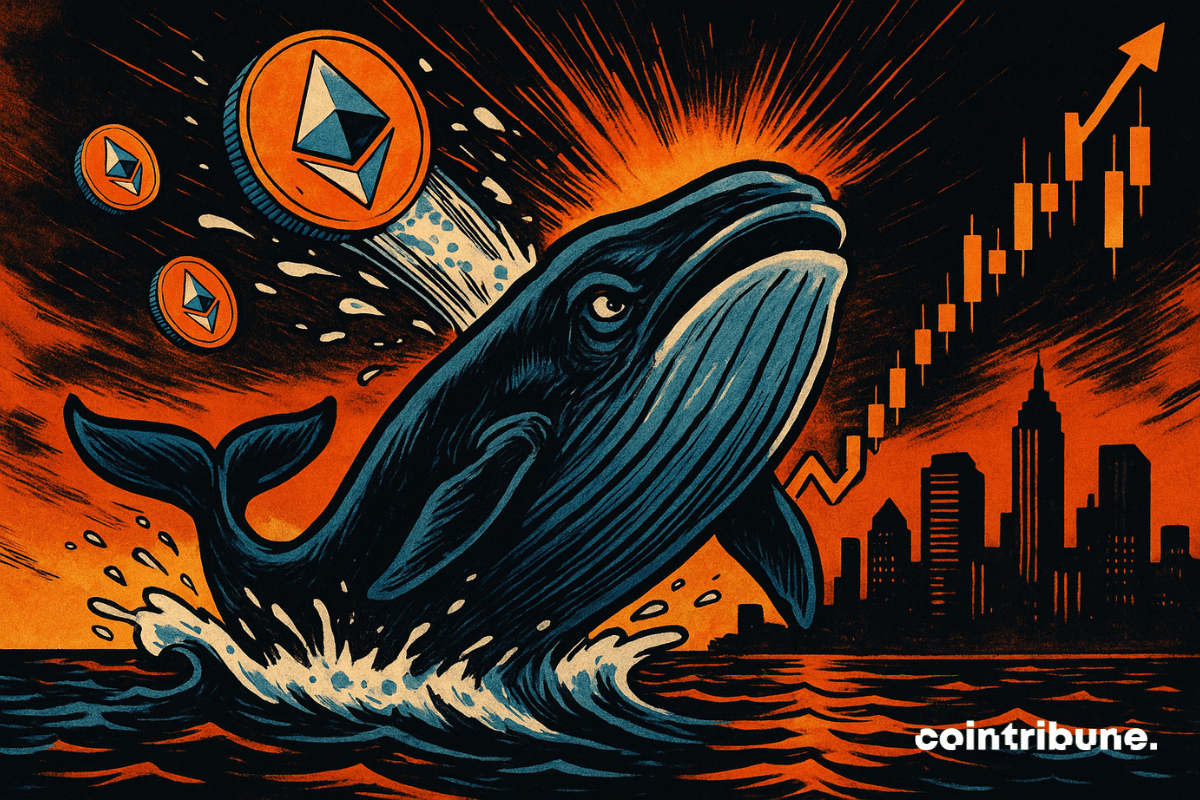 Uma baleia gigante irrompe das ondas, impulsionando tokens Ethereum brilhantes em direção a um céu laranja, com horizonte e gráfico em ascensão.