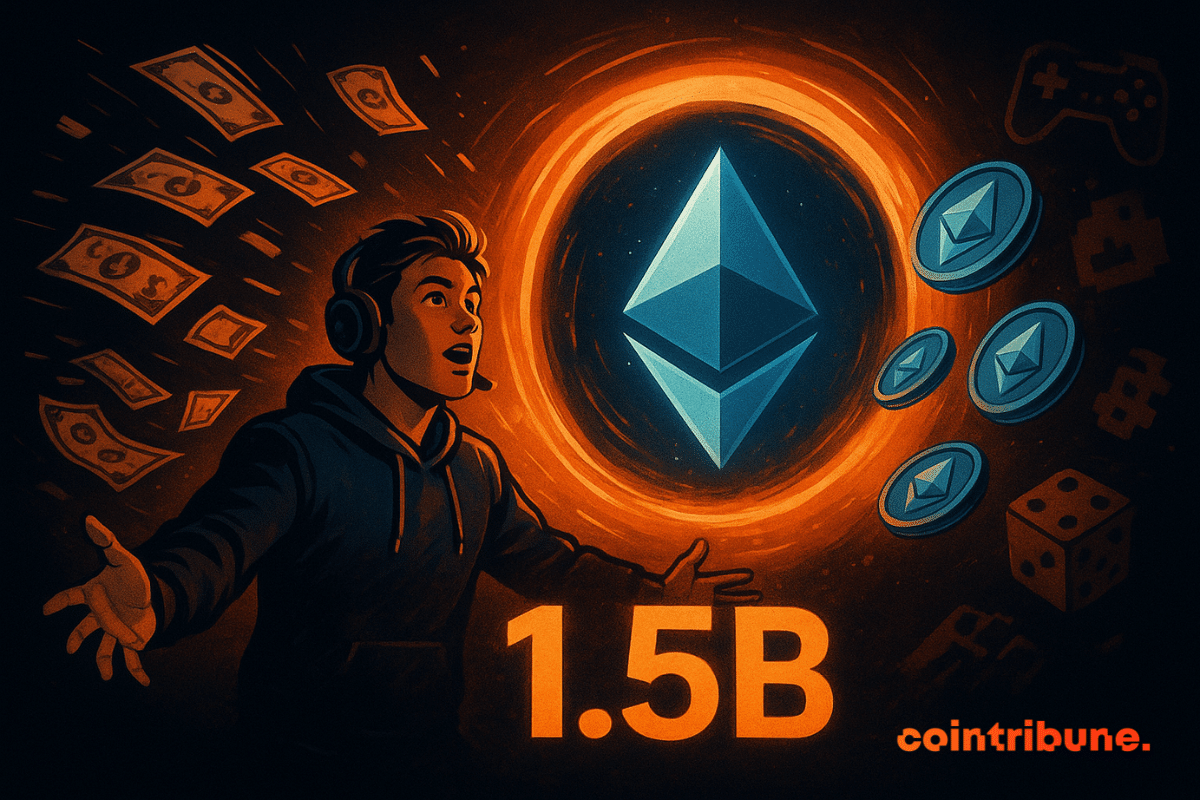 Um jogador com um fone de ouvido fica impressionado enquanto notas de dólar giram em um portal Ethereum laranja brilhante que libera tokens azuis, com “1.5B” brilhando abaixo.