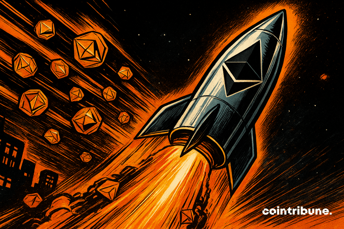 A retro 1970s-style comic illustration of a silver rocket with the Ethereum logo, launching into space with streams of glowing orange ETH coins.