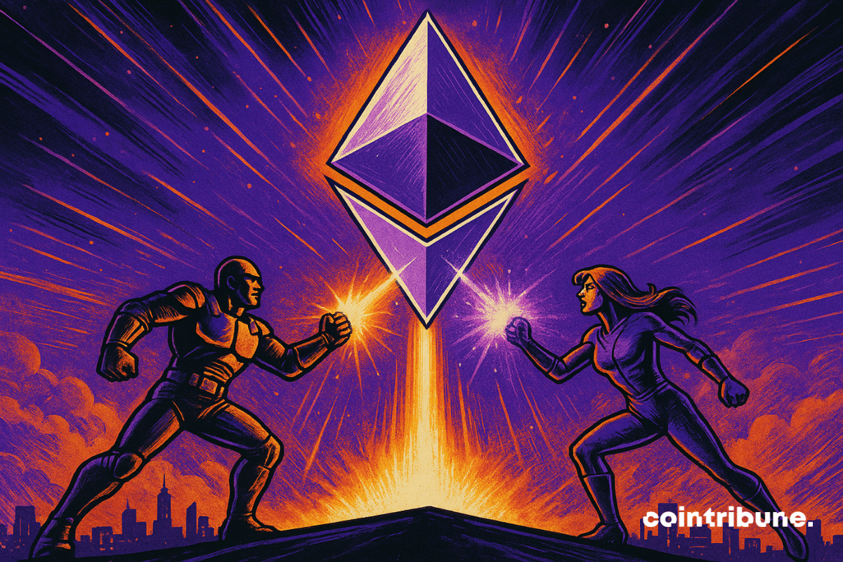A massive, gleaming Ethereum logo rises into the sky, as if propelled by a colossal force. Two heroic figures—one in futuristic armor (BitMine), the other in high-tech gear (SharpLink)—channel energy toward ETH.