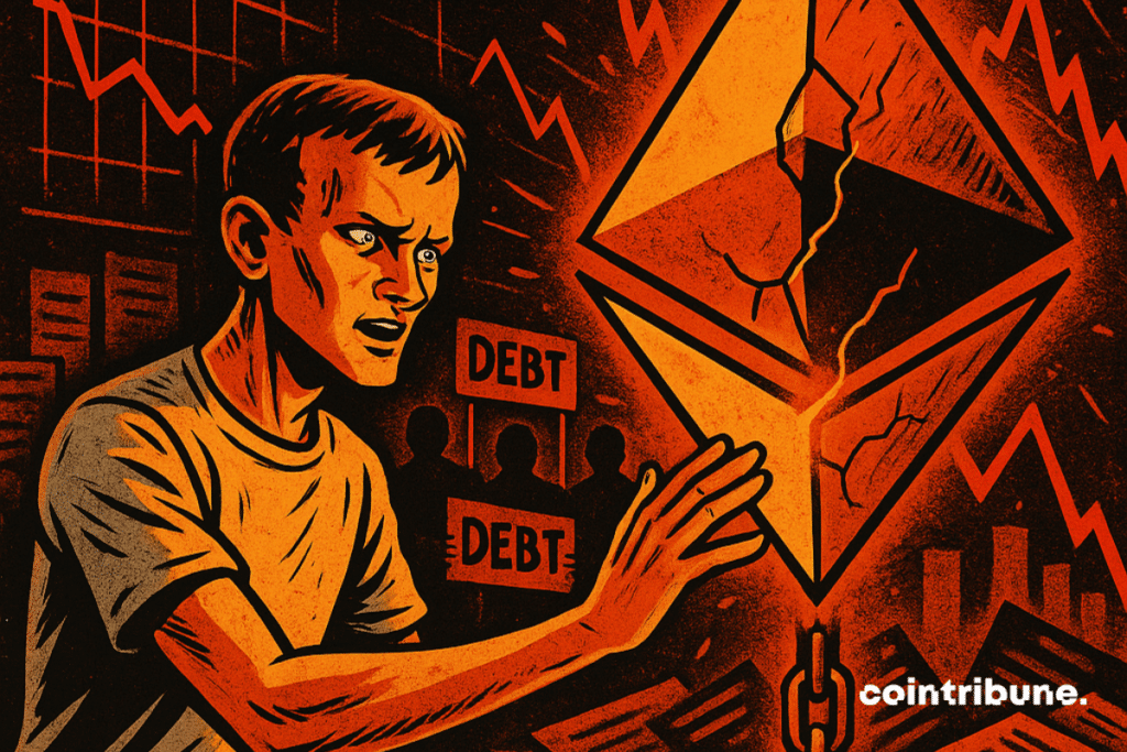 : Vitalik Buterin, inquiet, tend la main vers un logo Ethereum fissuré et enchaîné.