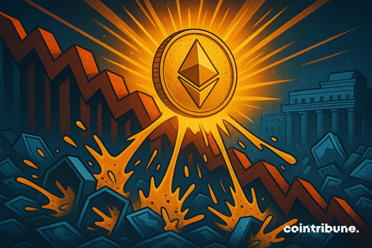 Illustration d'une pièce Ethereum brillante s'élevant tandis que les flèches rouges du marché vers le bas s'effondrent, symbolisant la reprise du prix de l'Ether et la compression à découvert.