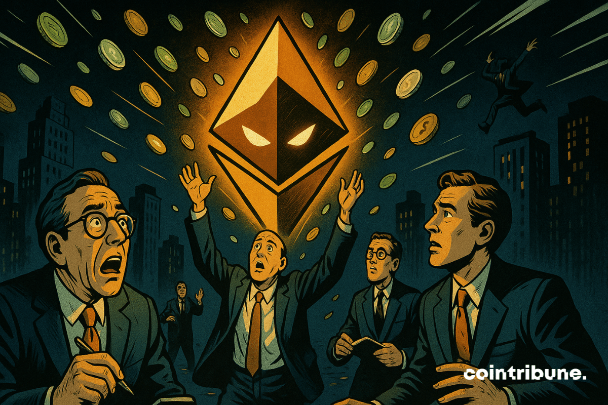 O logotipo da criptomoeda Ethereum está personificado com um brilho intenso, levemente inclinado para frente, como se estivesse absorvendo uma chuva densa de moedas “stablecoin”. Vários banqueiros levantam as mãos tentando pegar as moedas, enquanto outros observam com espanto.