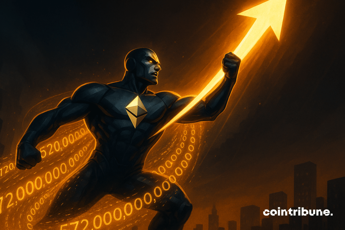 O super-herói do Ethereum puxa uma flecha brilhante para cima.