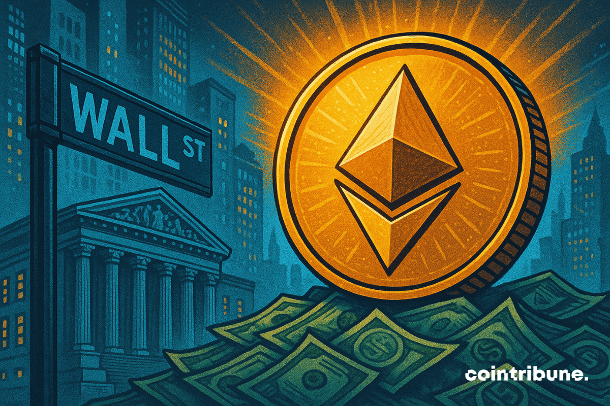 Una gran moneda de Ethereum brilla sobre un montón de billetes frente a Wall Street, simbolizando el interés institucional en ETH.