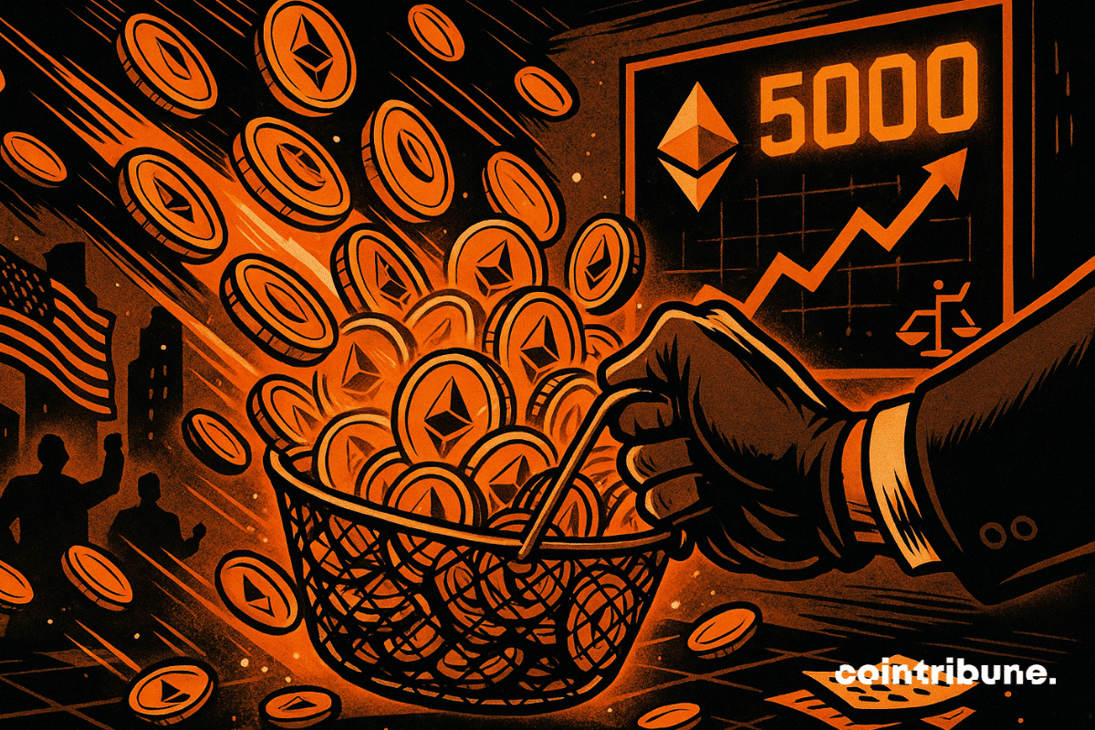 Une main ramasse des pièces Ethereum dans un panier avec un graphique de prix en hausse indiquant 5 000.