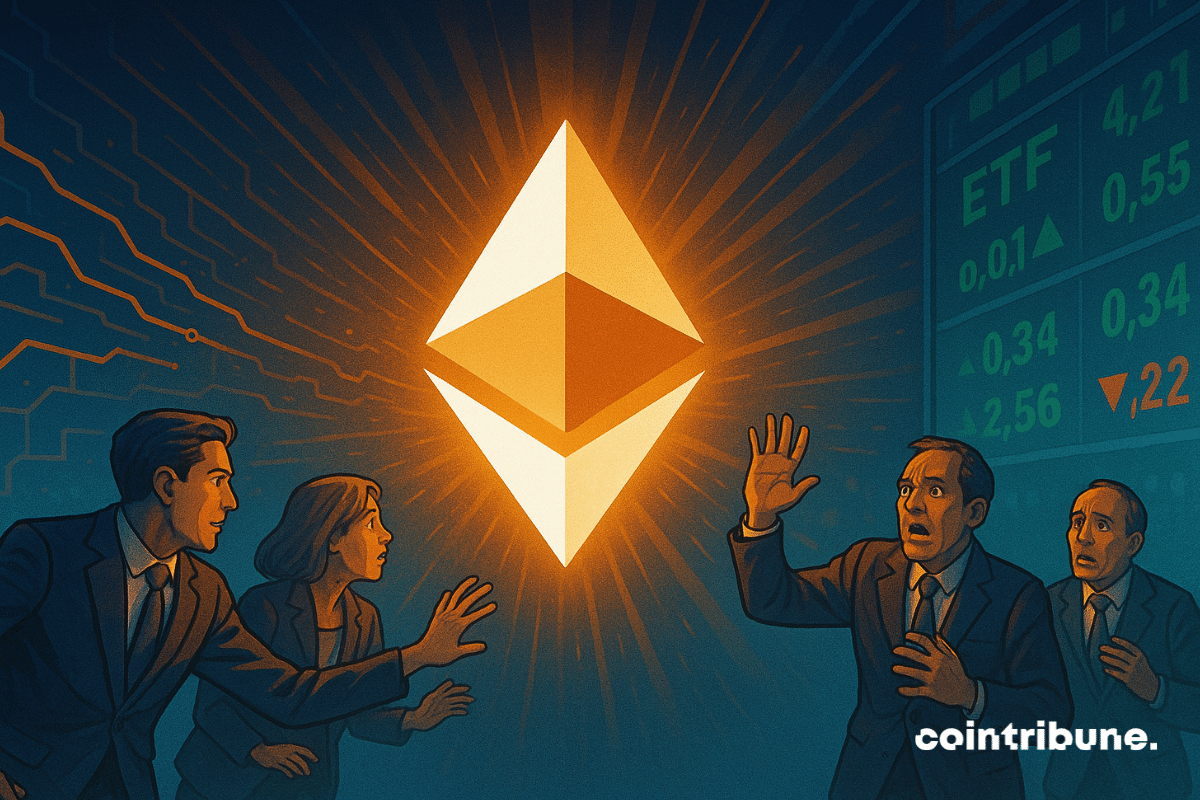 Ethereum logo glowing brightly as traders react with mixed emotions beside ETF charts.