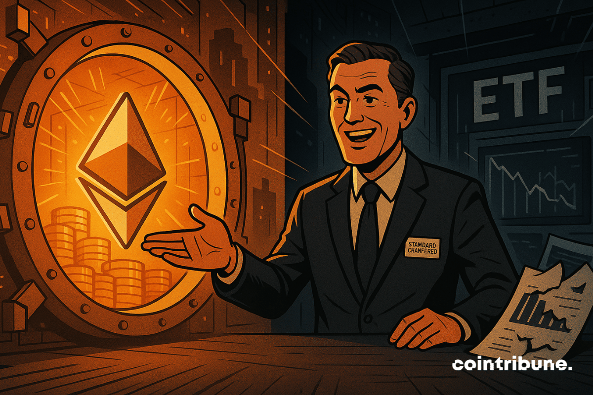 Un banquero señala una bóveda brillante de Ethereum, los gráficos de ETF se desmoronan en el fondo.