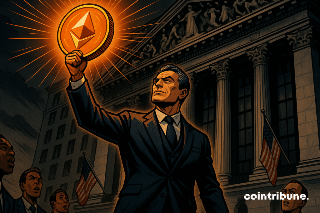 Businessman raises glowing Ethereum coin, symbolizing its role as Wall Street's stablecoins.