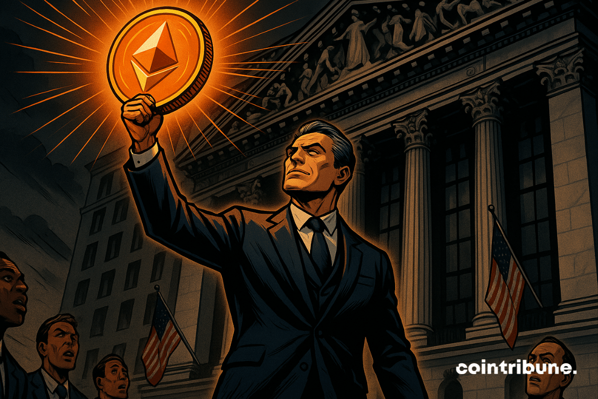 Businessman raises glowing Ethereum coin, symbolizing its role as Wall Street's stablecoins.