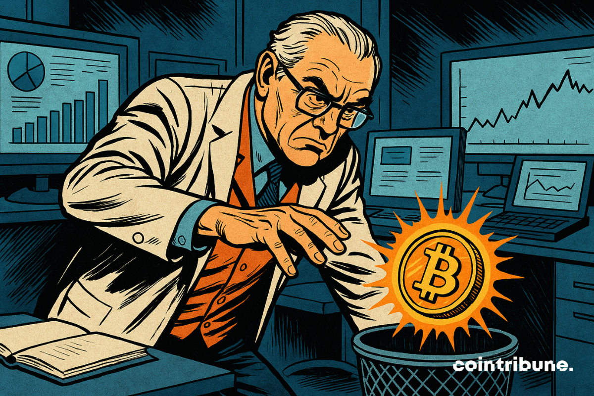 Le FMI en scientifique rejetant le Bitcoin, la crypto phare, dans une corbeille.