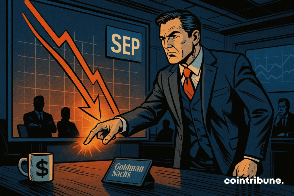 Un stratège de Goldman Sachs devant un graphique descendant relatif à la baisse des taux par la Fed.