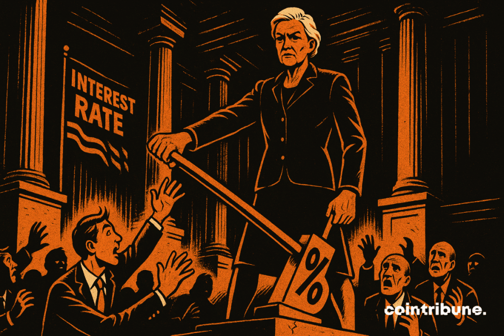A tall, elegant and rigid older woman, personifying the Federal Reserve (Fed). She holds it firmly in a high position, preventing it from falling, with a cold and unyielding gaze — symbolizing the doubts surrounding a rate cut.
