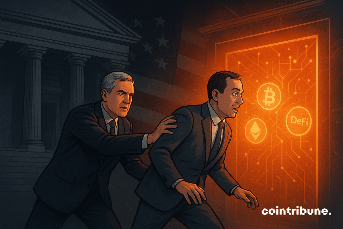 A U.S. Federal Reserve governor pushes a reluctant banker in a suit toward a glowing digital doorway with Bitcoin, Ethereum, and DeFi symbols.
