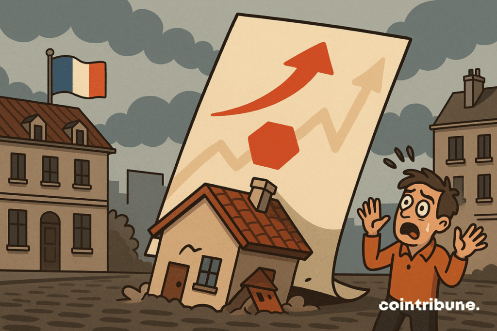 Une immense feuille repr&eacute;sentant une facture de taxe fonci&egrave;re &eacute;crase une maison. Le propri&eacute;taire observe la facture paniqu&eacute; et r&eacute;sign&eacute;, ce qui symbolise l&rsquo;augmentation de cette imposition en France.