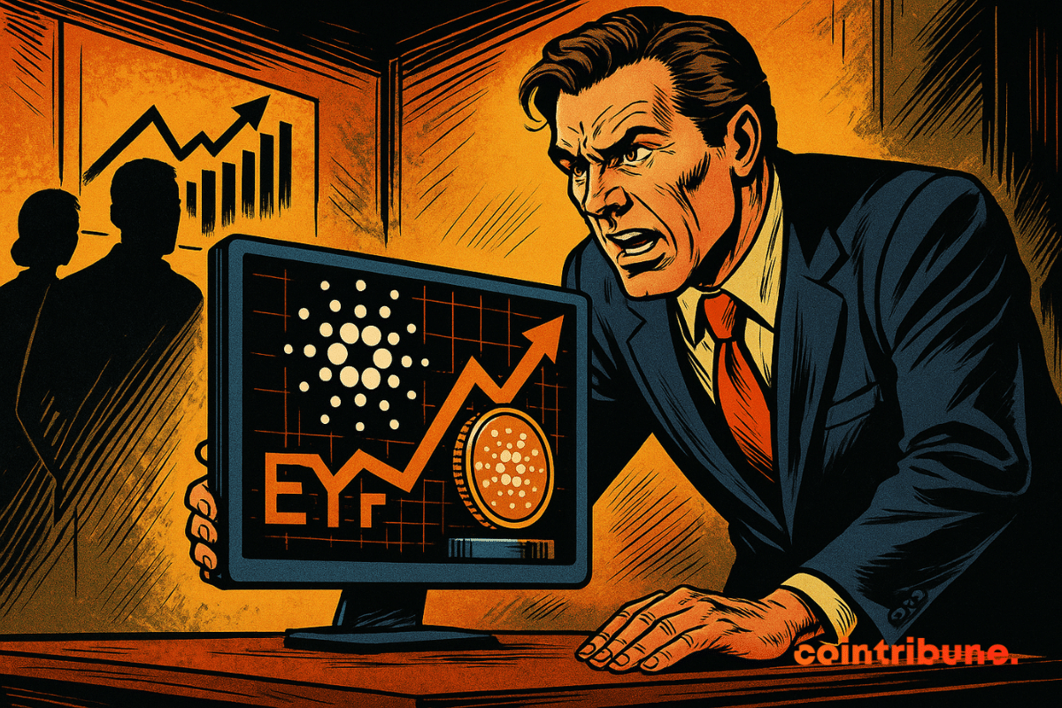 El gestor presenta un ETF de Cardano, rodeado de espectadores, expresiones concentradas, anticipación palpable, entusiasmo colectivo, oportunidad, innovación, energía y tensión financiera.