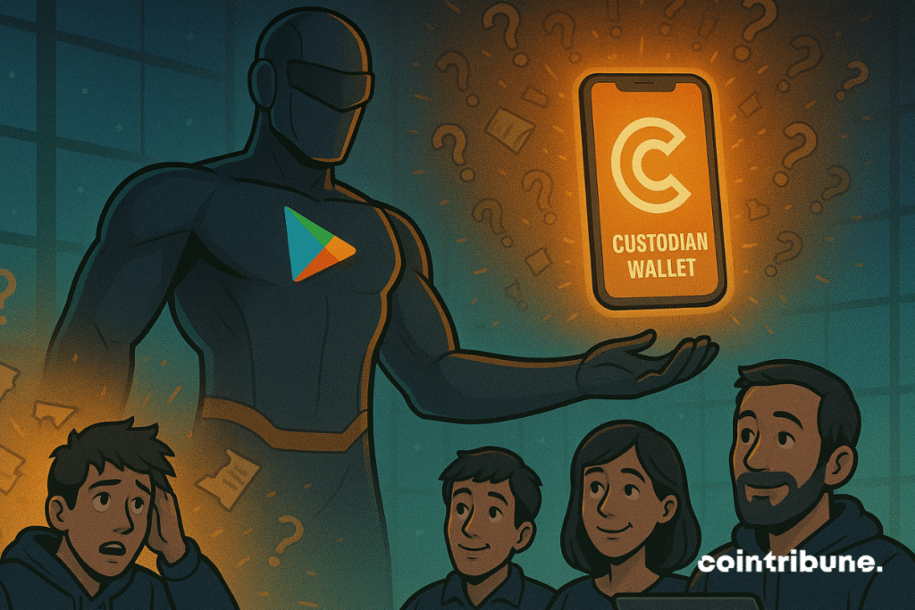 Google superhero reassures crypto users with glowing “Custodian Wallet” phone in comic scene.