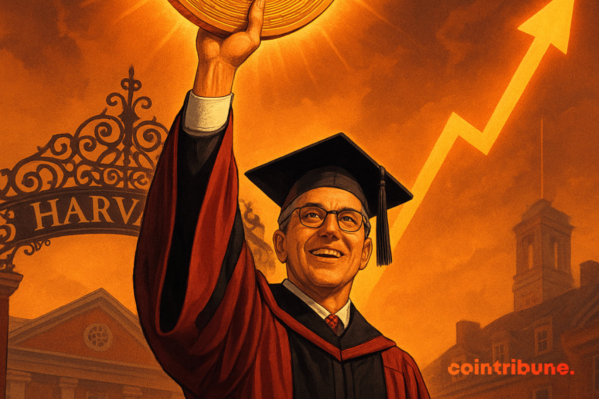 Un professeur d’Harvard brandit un Bitcoin géant devant le campus historique, symbolisant un investissement record et transformation financière mondiale.