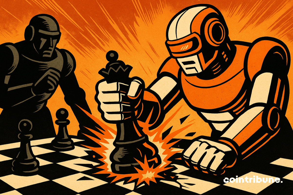 Un robot OpenAI abattant la reine adverse la reine de Grok d’xAI dans un match d’échecs entre modèles d'IA.