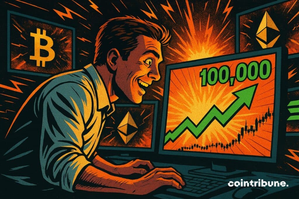 A crypto investor in front of bitcoin and Ethereum screens displaying crazy numbers.