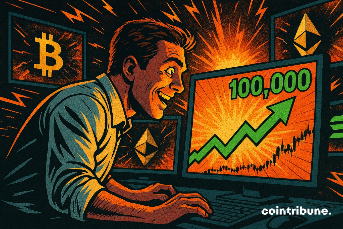 Um investidor em cripto diante de telas de bitcoin e Ethereum que exibem números absurdos.