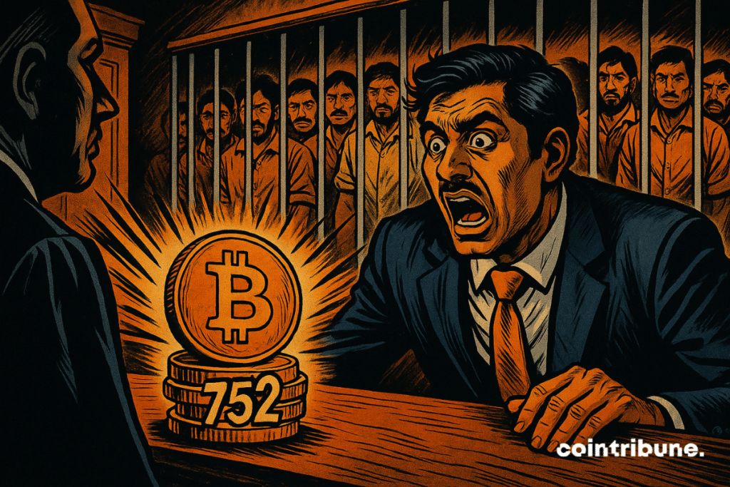 Empresario indio aterrorizado, 14 delincuentes esposados entre rejas, brillante montón de Bitcoins, tensión dramática, expresiones fuertes, atmósfera oscura.