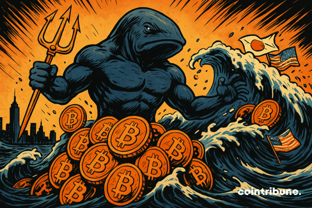 Créature mi-baleine, mi-homme brandissant un trident, émerge d’un tsunami de Bitcoins, devant une ville et drapeaux flottants.