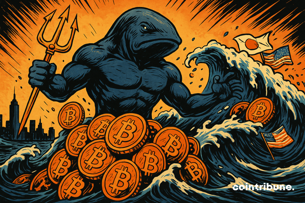 Créature mi-baleine, mi-homme brandissant un trident, émerge d’un tsunami de Bitcoins, devant une ville et drapeaux flottants.