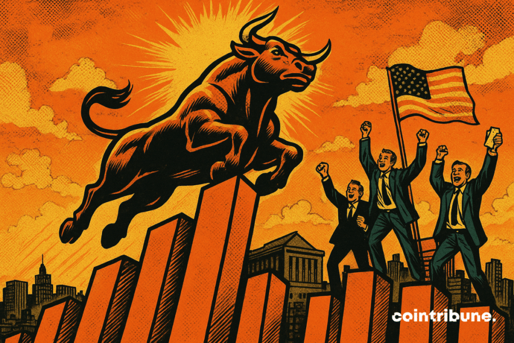Vue aérienne dynamique de la Bourse de Wall Street, où les gratte-ciels sont stylisés comme des barres de graphique vertes montant vers le ciel. Ces barres sont disposées en diagonale pour renforcer l’impression d’ascension fulgurante. Des traders euphoriques se trouvent sur les toits de ces bâtiments, ce qui symbolise l’optimisme après la publication des chiffres de l’inflation.