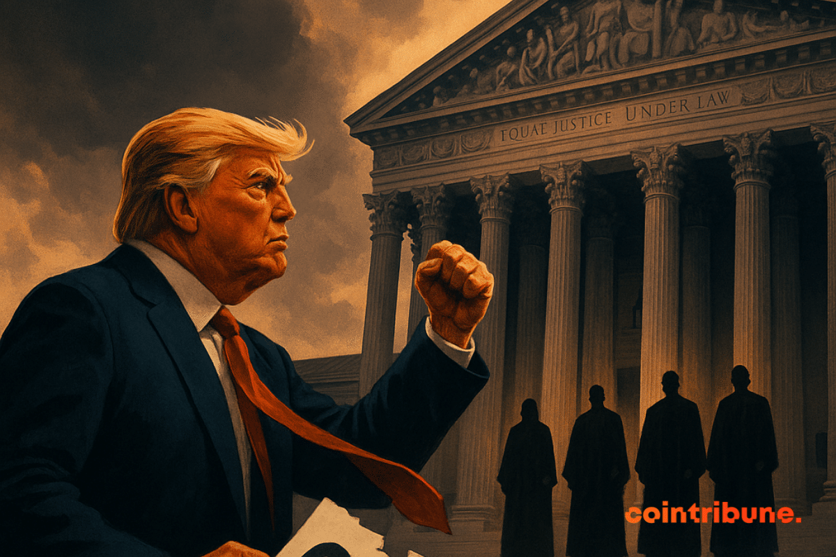 Donald Trump brandit un document déchiré devant la Cour suprême, sous un ciel orageux teinté d’orange dramatique.