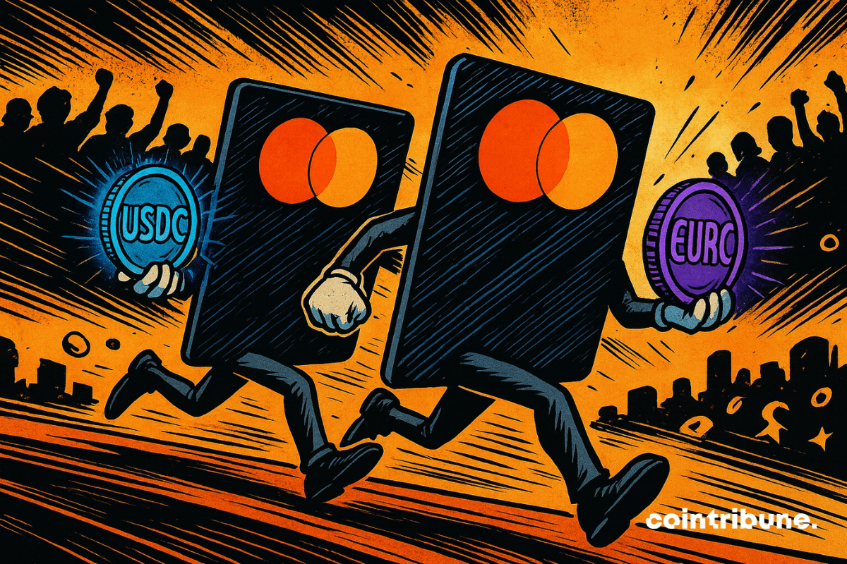 Deux cartes Mastercard anthropomorphisées courent sur une piste, transportant des stablecoins lumineux, entourées de spectateurs flous, énergie et vitesse.