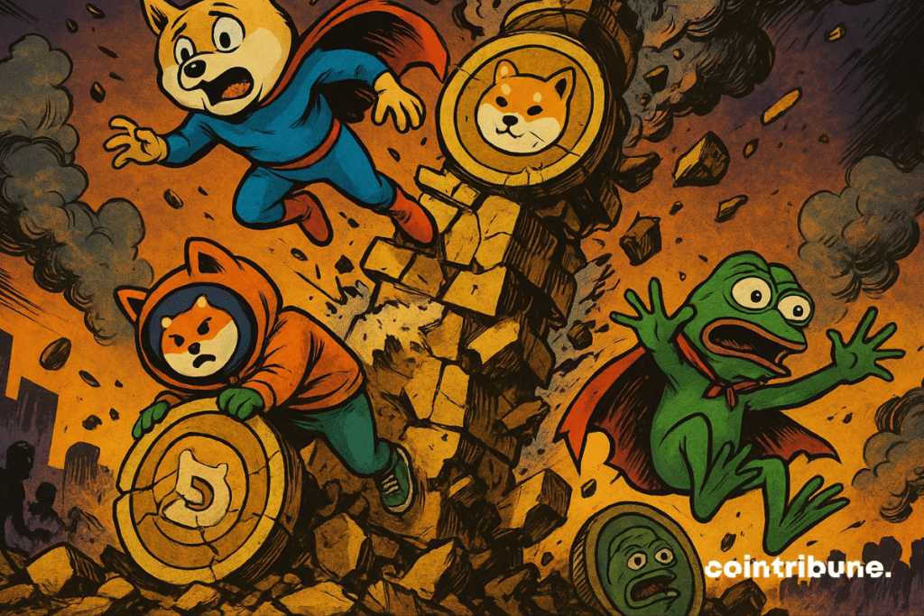 Meme coin characters Doge, Shiba Inu, and Pepe fall as a crumbling tower of coins collapses in comic-book style.