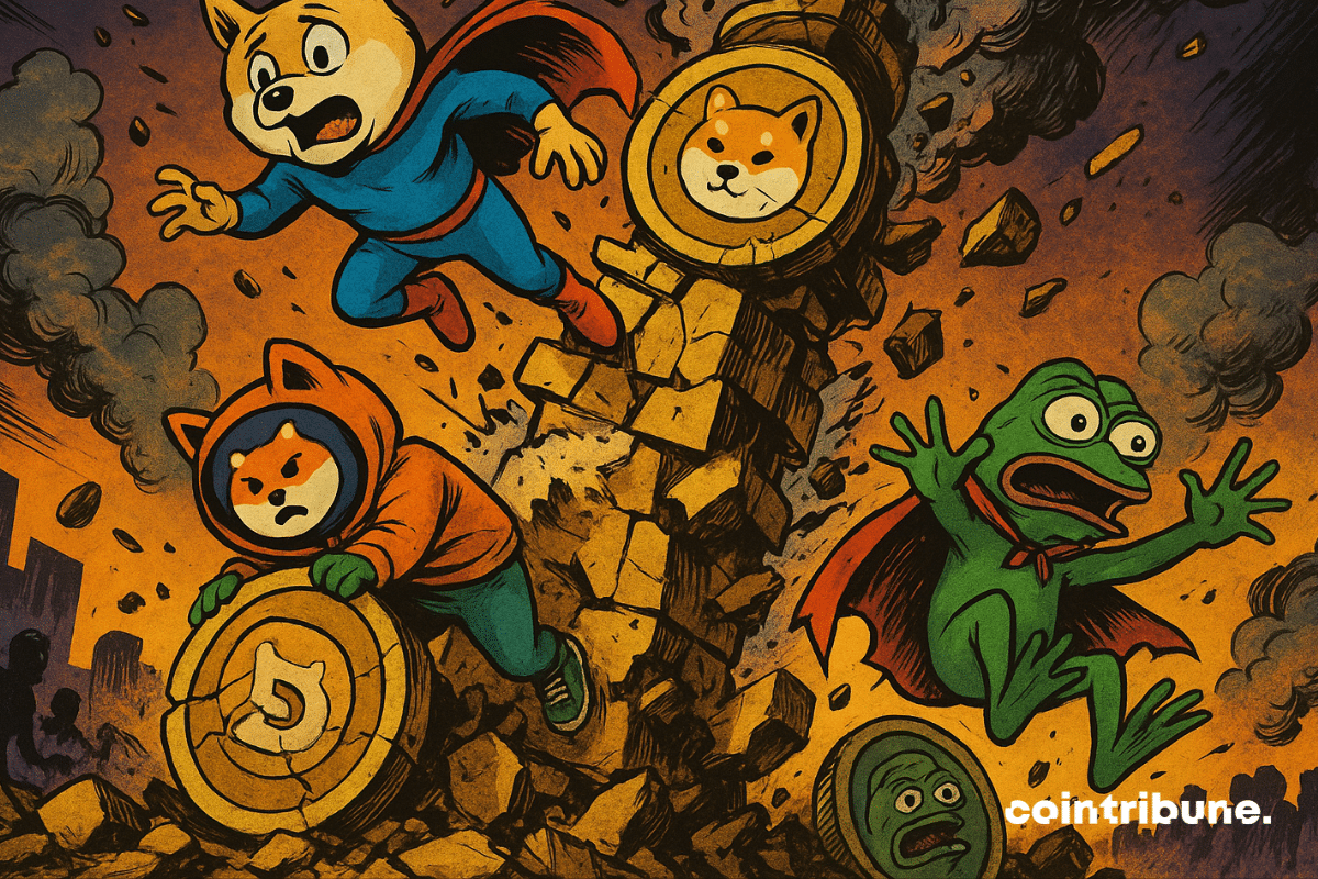 Les personnages des meme coins Doge, Shiba Inu et Pepe tombent alors qu'une tour de pièces de monnaie s'effondre dans un style de bande dessinée.