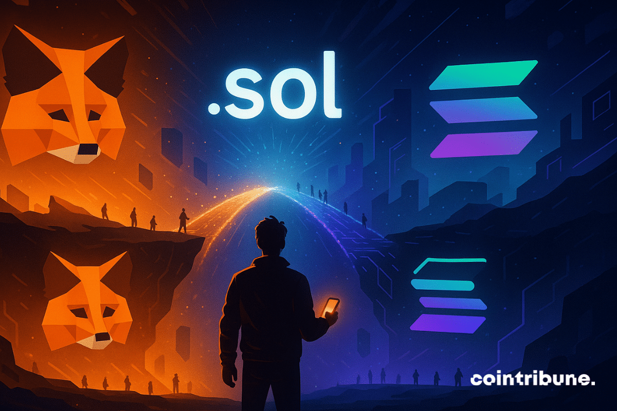 Metamask user on a digital bridge linking to Solana with a glowing .sol domain above.