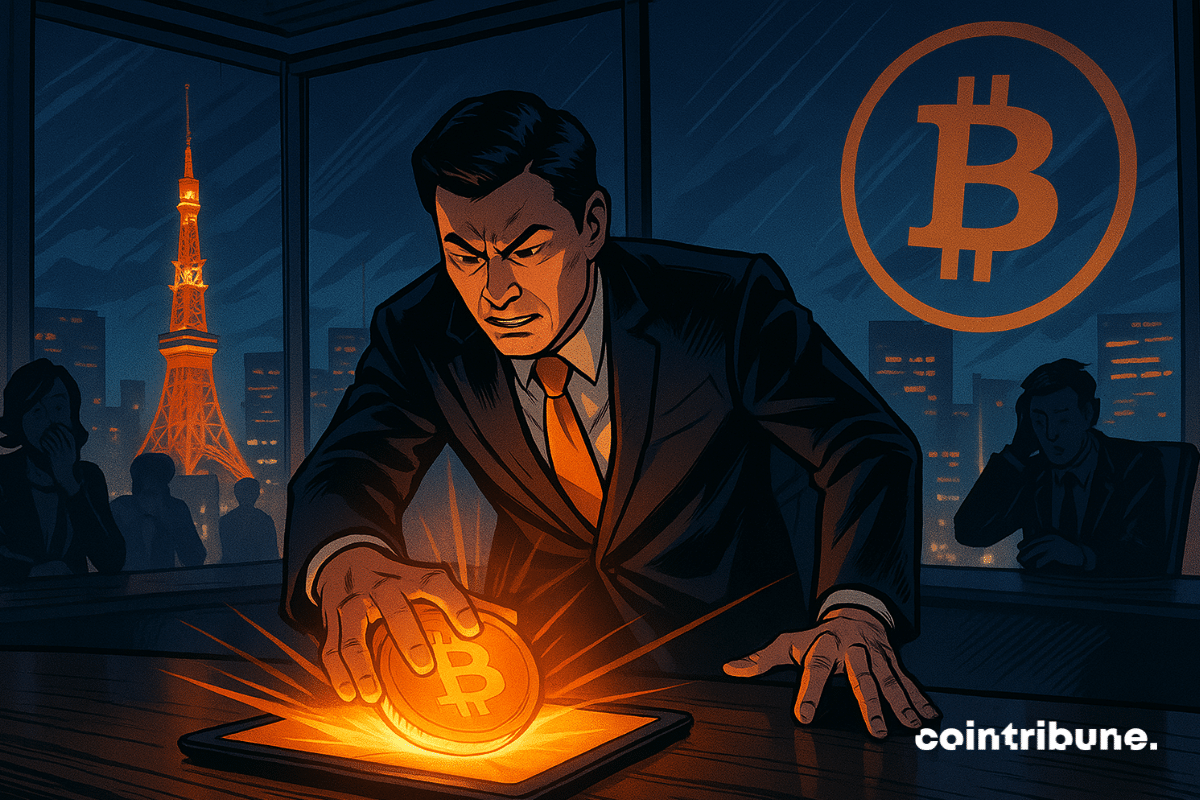 Un dirigeant de Metaplanet claque une pièce Bitcoin sur une tablette dans une salle de réunion de Tokyo, avec une ville illuminée et de la tension en arrière-plan.