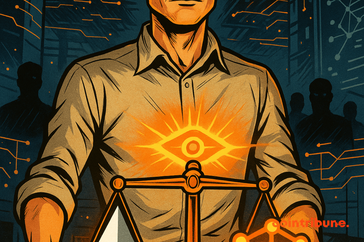 Illustration de style comics représentant Vitalik Buterin tenant une balance lumineuse avec le logo d'Ethereum et un symbole de décentralisation, dans un laboratoire futuriste sombre aux circuits orange.