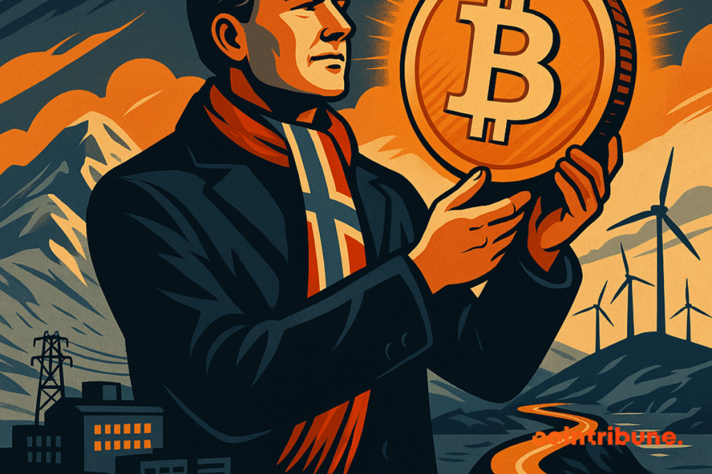 Homme en manteau et écharpe norvégienne tenant un Bitcoin lumineux devant montagnes et éoliennes.