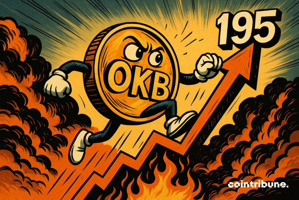 O token OKB antropomorfizado sobe em um gráfico, céu azul e nuvens alaranjadas, raios brilhantes, linhas dinâmicas, sombras dramáticas, expressão eufórica.