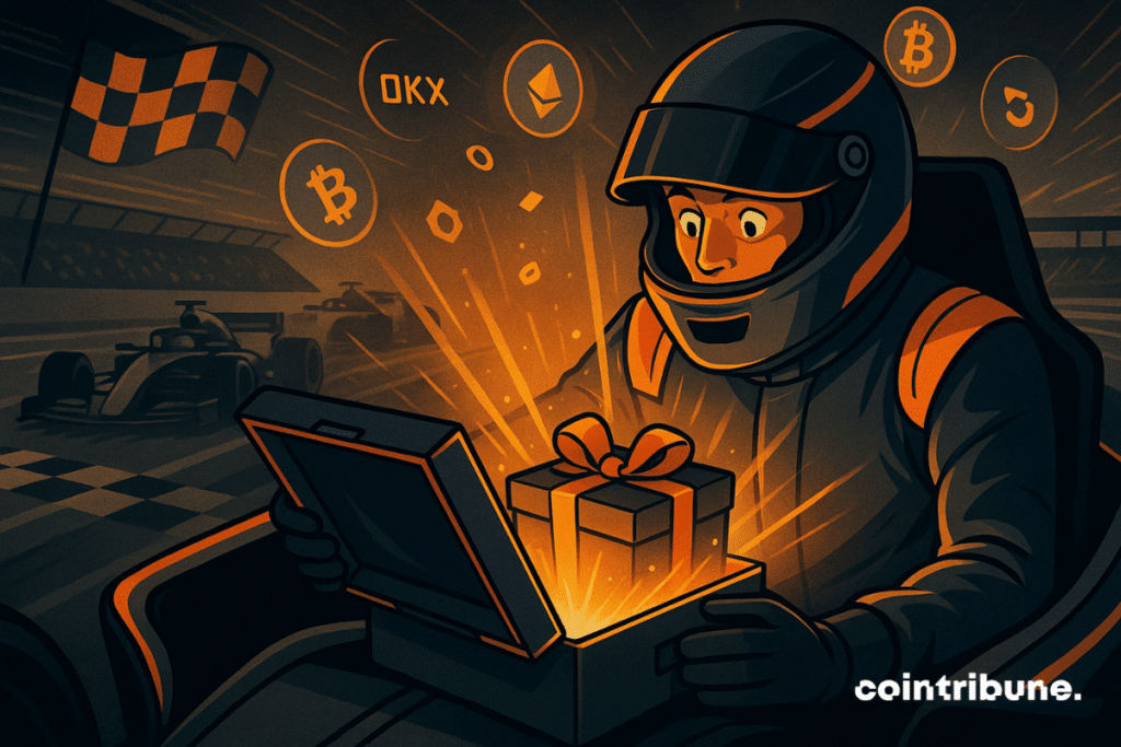 Un pilote de F1 ouvre une boîte contenant un cadeau lumineux, avec des logos crypto comme Bitcoin, Ethereum et OKX en arrière-plan sur un circuit de course.