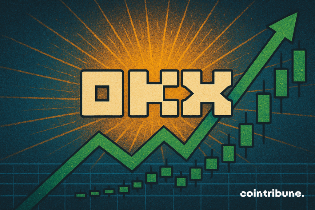 Ilustración del logotipo de OKX con un gráfico de velas verdes ascendentes y una flecha hacia arriba, que simboliza un aumento importante de precios, sobre un fondo naranja y azul radiante.
