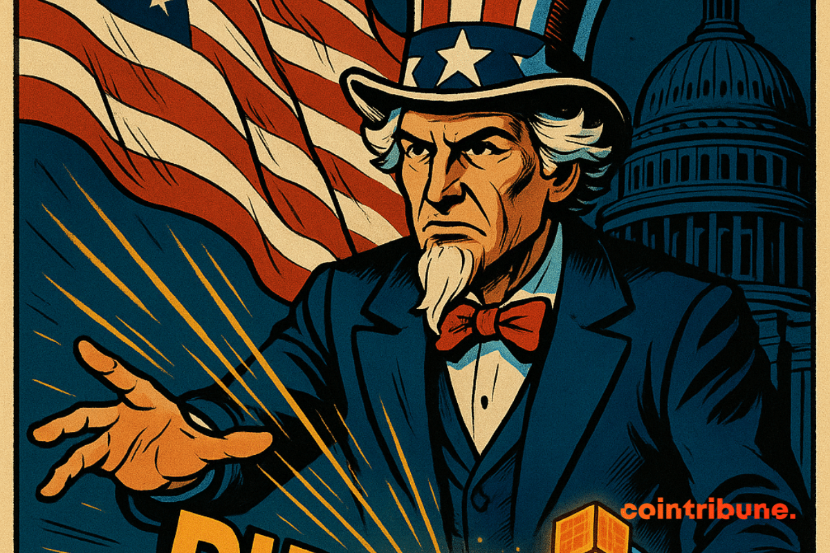 Uncle Sam projects US GDP figures into glowing blockchain cubes in front of the US flag and the Capitol.