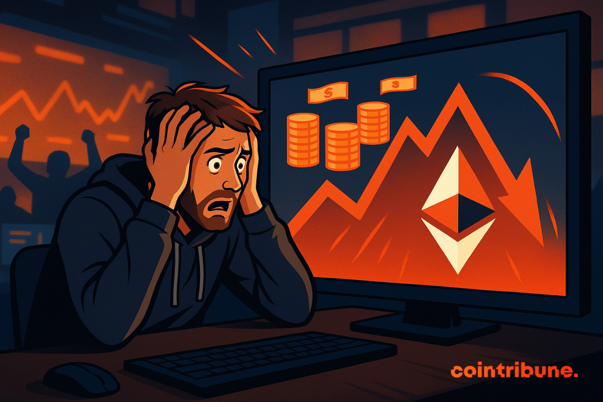 A shocked trader watches Ethereum plummet despite massive inflows, symbolizing the current paradox in the crypto market.