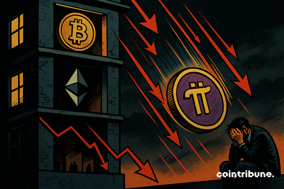 El logo de Pi Network está cayendo desde un piso superior. Un inversor cripto, en pánico, observa la escena.