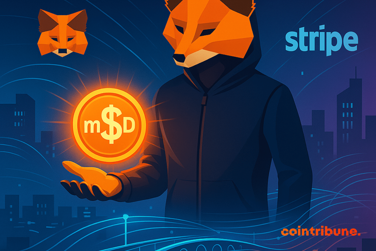 Un zorro estilizado presenta un token mUSD brillante en un puente digital que conecta Metamask y Stripe.