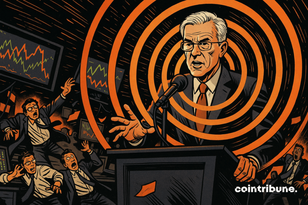 Federal Reserve Chair Jerome Powell speaks into a microphone. From the microphone bursts a large orange circular wave, spreading outward in concentric circles from the stage.