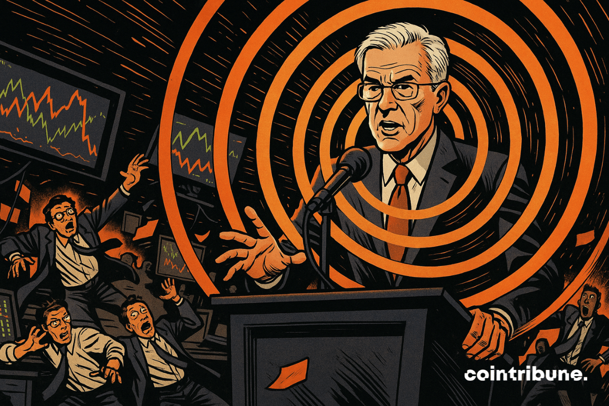 Le président de la Fed, Jerome Powell parle dans un micophone. Du micro jaillit une énorme onde circulaire orange qui se propage en cercles concentriques vers l’extérieur de la scène.