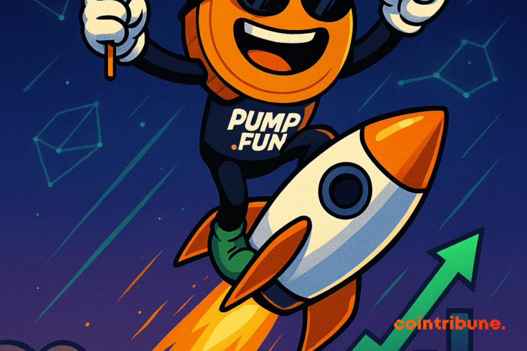 O mascote Euphoric Pump.fun pilota um foguete, superando memecoins surpresos em um céu repleto de logotipos de criptomoedas brilhantes.