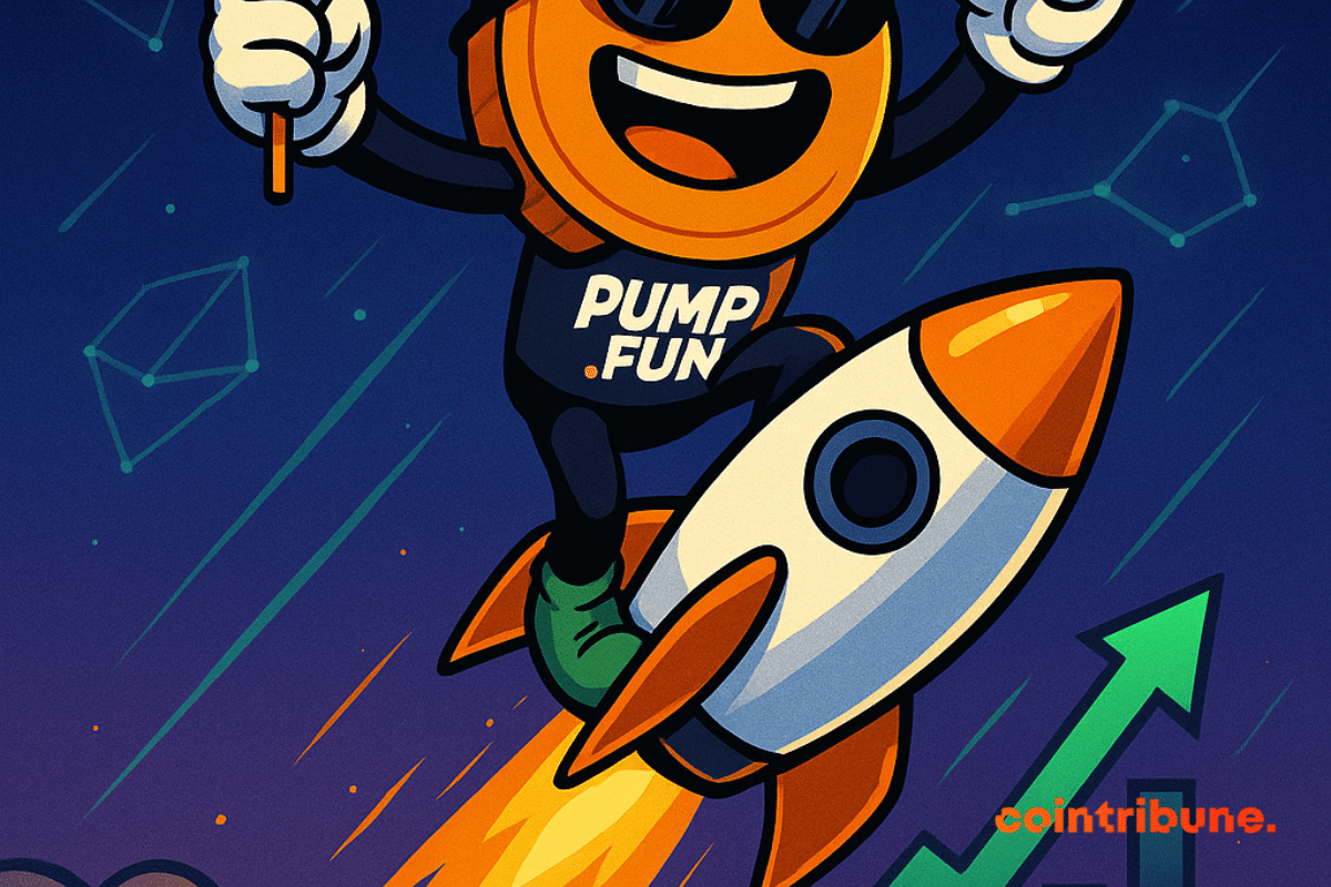 Mascotte Pump.fun euphorique chevauche une fusée, dépassant des memecoins surpris dans un ciel constellé de logos crypto brillants.