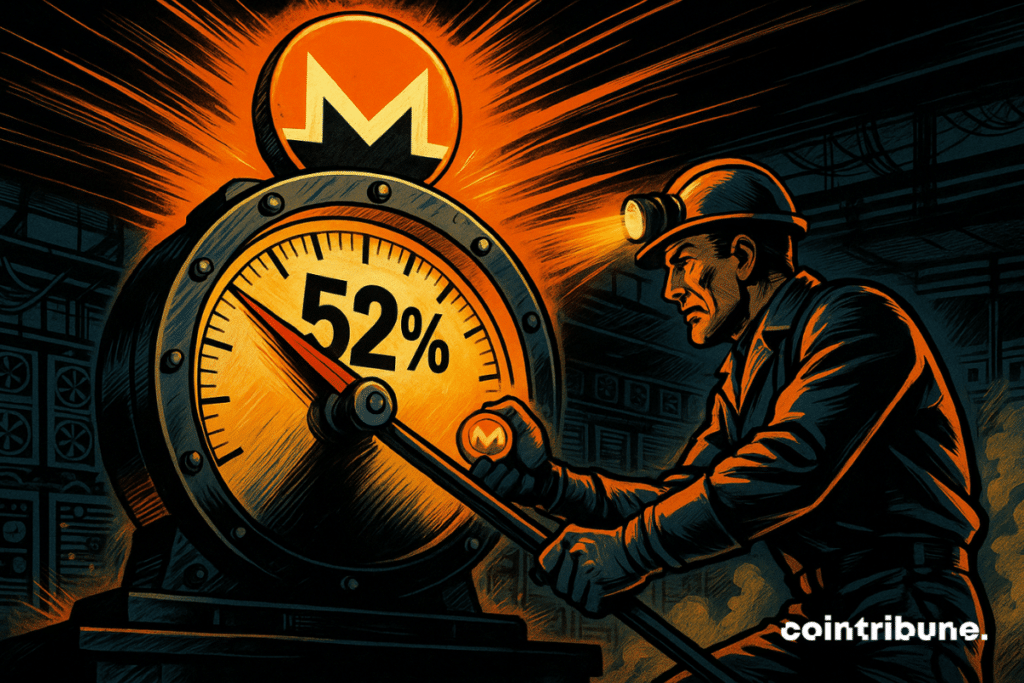 Un immense compteur mécanique de style industriel, dont l’aiguille rouge-orange pointe précisément sur 52 %, ce qui symbolise l’exploit du réseau Qubic. Le cadran est cerclé de métal sombre, avec des rivets apparents, et au sommet trône un logo Monero (XMR) brillant, presque comme un emblème de victoire.